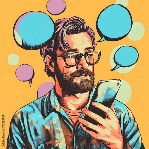 Man with smartphone, speech bubbles