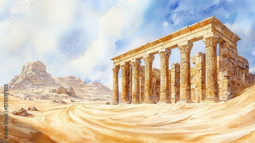 A breathtaking ancient temple stands amid a vast desert, featuring towering columns and a backdrop of distant mountains under a bright blue sky.