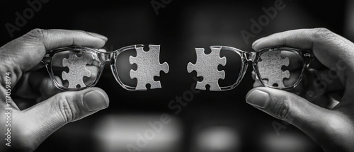 Two hands hold glasses with puzzle pieces instead of lenses, symbolizing perception and understanding.