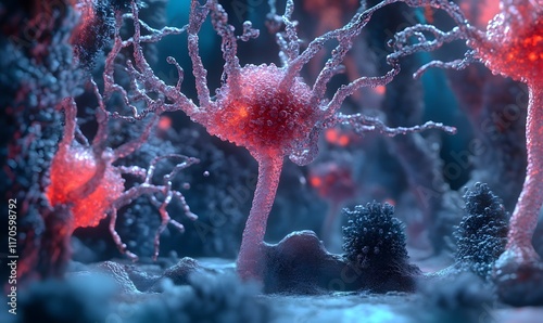 Microscopic view of neurons with glowing red cell bodies and intricate dendrites. photo