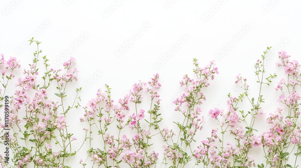 Pink flowers border on white background; spring floral design; website banner. Pink flowers border on white background; spring floral design; website banner.