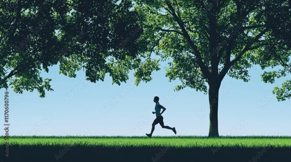A silhouette of a person jogging under lush trees, highlighting fitness and nature in a serene outdoor setting. A silhouette of a person jogging under lush trees, highlighting fitness and nature in a serene outdoor setting.