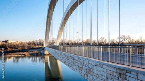 A contemporary stone and metal bridge showcases its unique design as it spans a reflective river, creating a striking visual contrast against a clear blue sky. The image captures the smooth curvature