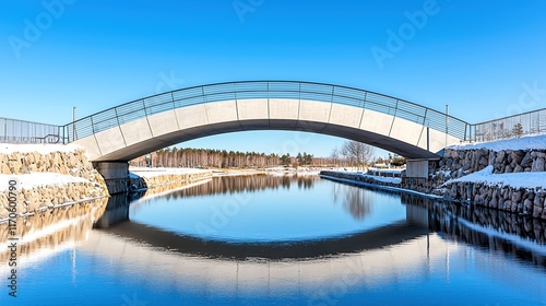 A contemporary stone and metal bridge showcases its unique design as it spans a reflective river, creating a striking visual contrast against a clear blue sky. The image captures the smooth curvature