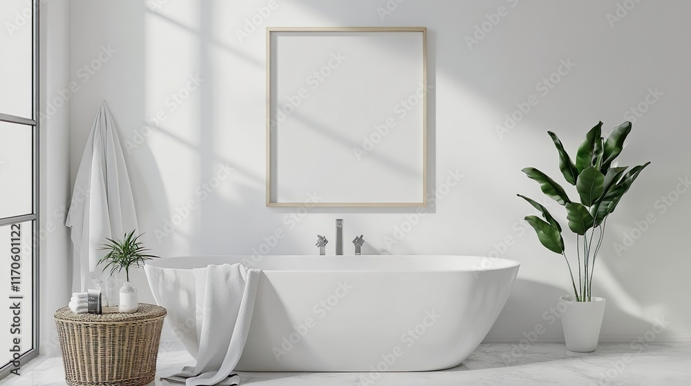 Fototapeta premium Poster frame mockup in white cozy bathroom interior background