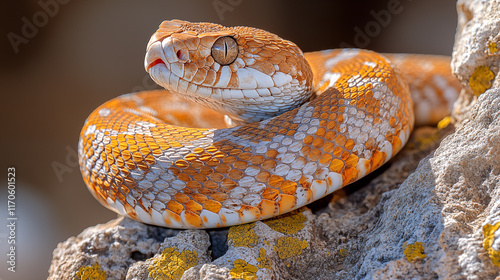 Close-up of a red and white striped corn snake on a rock