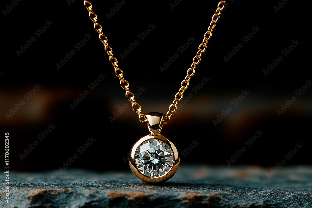 Fototapeta premium Gold Chain Necklace with Round Brilliant Diamond Pendant
