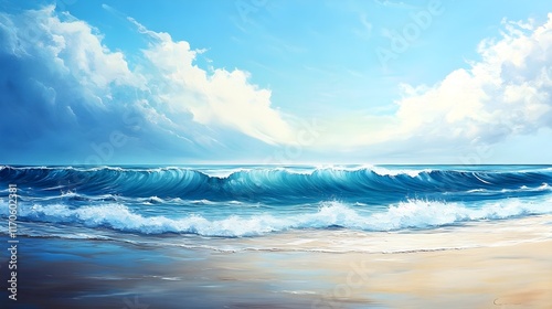 Majestic Ocean Wave Crashing on Sandy Beach under a Cloudy Sky