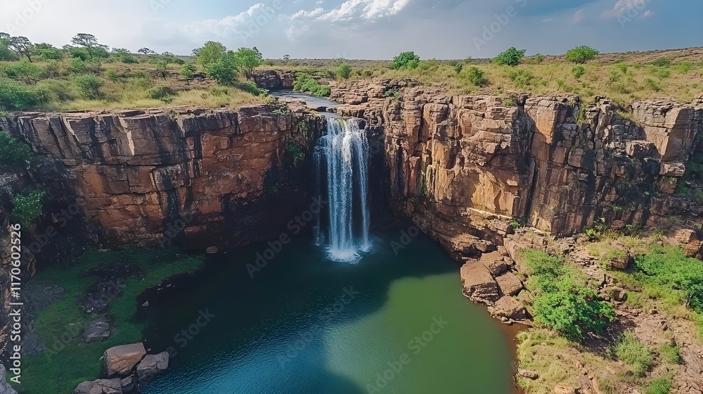 Naklejka premium Majestic Waterfall Cascading from High Cliffs into a Deep Pool