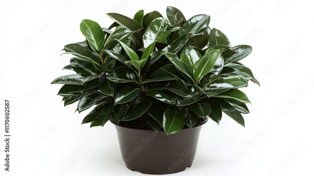 Fototapeta premium Lush green rubber plant in pot, white background, indoor plant.