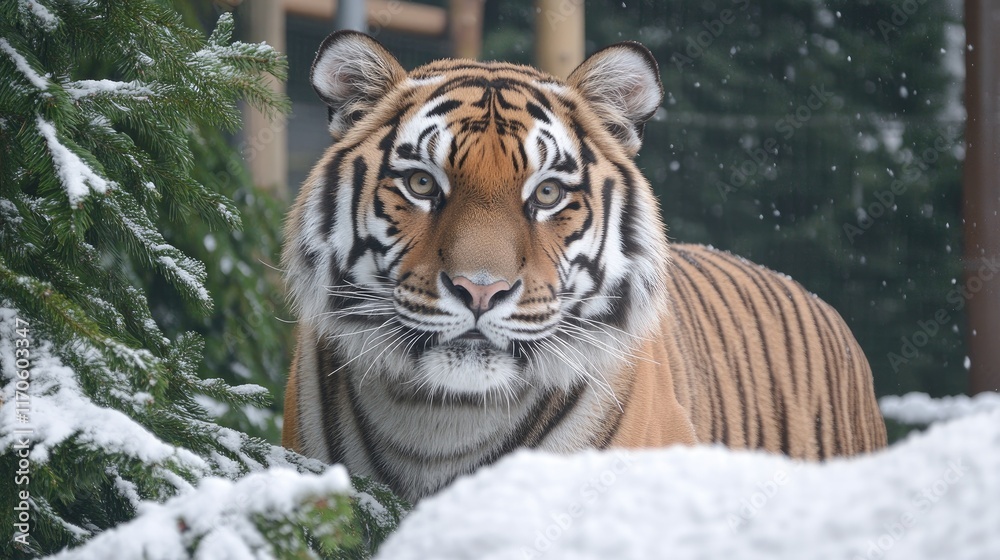 A majestic tiger stands in a snowy landscape, surrounded by trees, showcasing its beauty. A majestic tiger stands in a snowy landscape, surrounded by trees, showcasing its beauty.