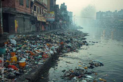 Polluted riverbank in urban area with garbage and plastic waste.