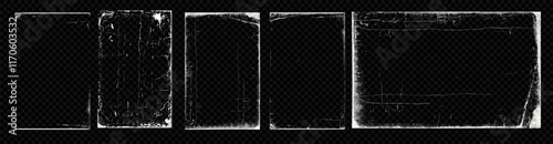ПечатA set of four distressed photo edges with transparent backgrounds, giving a vintage, worn look. Perfect for adding a grunge, aged style to pictures or design projects. Editable vector illustratiь