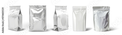 Realistic set of five silver foil packaging bag mockups, ideal for coffee, tea, or snack products. Detailed and glossy pouches with sealed zip closure. Vector illustration.