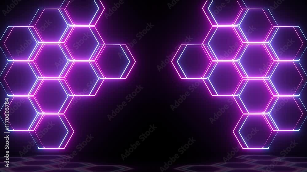 3D loop animation, abstract neon hexagon background with glowing lines in blue, pink, purple for modern futuristic technology concept. 4K footage
