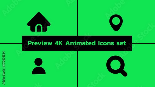 4K green screen animated icons: home, pin, man, avartar, search and magnifier. Perfect for video editing, presentations, and creative projects. Chroma key ready and customizable.