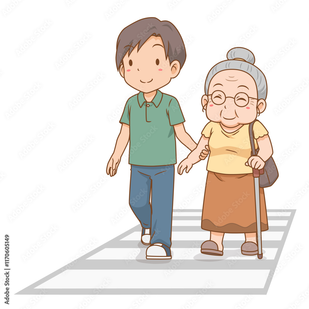 Cartoon illustration of man helping old woman cross the road. Cartoon illustration of man helping old woman cross the road.
