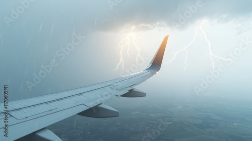 Aerial view of an airplane wing during a lightning storm.