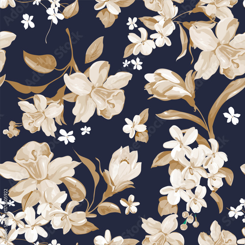 Tropical vintage beige orchid flower seamless pattern. Exotic jungle wallpaper