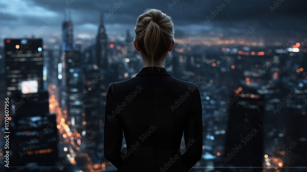 Business woman looking at night city lights. Leadership and success concept Business woman looking at night city lights. Leadership and success concept