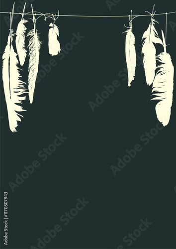 vector A4 banner, background, border on the theme of paganism, magic and witchcraft with crow  white bird feathers on black backdrop in the folk style