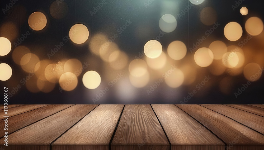 Empty Brown Wooden Floor with Wood Board Table Against a Blurred Abstract Night Light Bokeh Background Perfect for Cozy Atmosphere and Creative Projects Empty Brown Wooden Floor with Wood Board Table Against a Blurred Abstract Night Light Bokeh Background Perfect for Cozy Atmosphere and Creative Projects