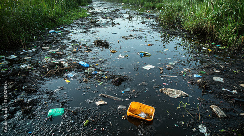 Polluted ditch filled with plastic garbage and waste.