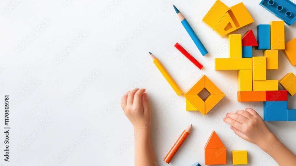 Colorful building blocks scattered on a table with small hands reaching out. Colorful building blocks scattered on a table with small hands reaching out.