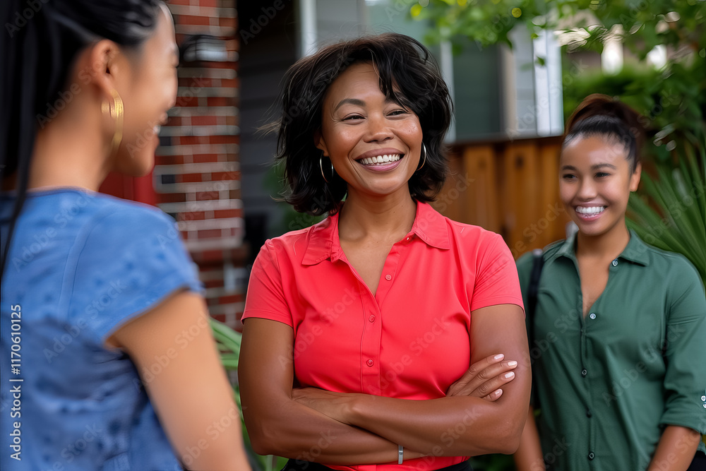 Three women are smiling and laughing together Three women are smiling and laughing together