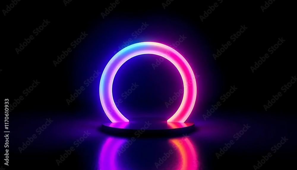 Glowing Ring with Vibrant Neon Colors on a Reflective Surface Glowing Ring with Vibrant Neon Colors on a Reflective Surface