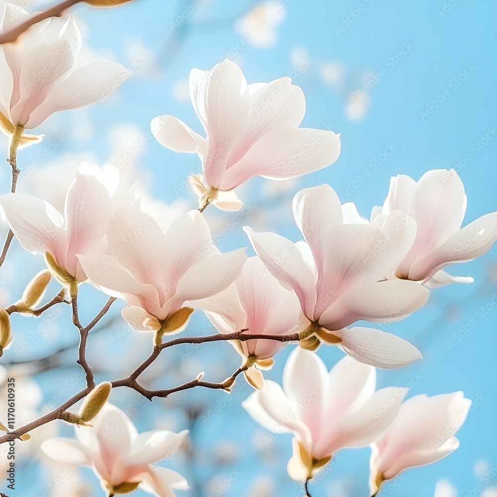 Fototapeta premium Close-up of delicate pink magnolia blossoms against a bright blue sky, bathed in sunlight. Springtime floral beauty.