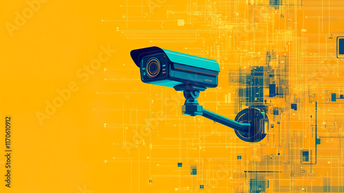 Surveillance camera monitoring on yellow background, AI security and control