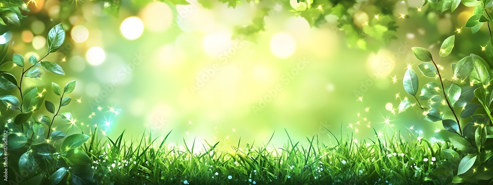 Lush Green Grass and Leaves with Sparkling Lights