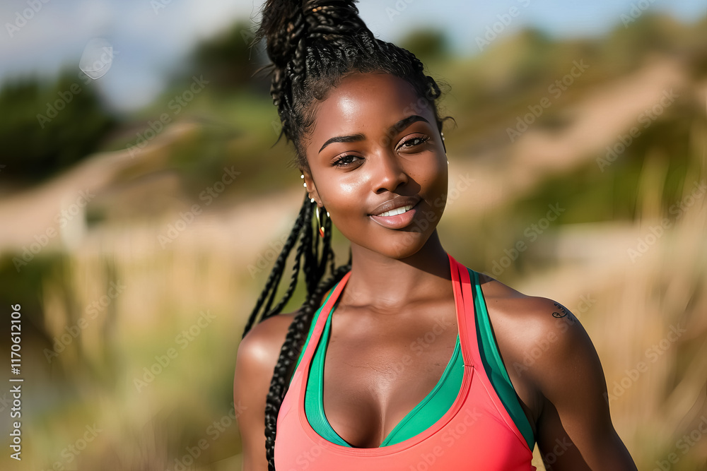 A woman with a green and red tank top and braids is smiling A woman with a green and red tank top and braids is smiling
