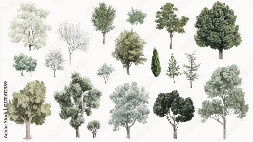 Fototapeta premium 62.A highly detailed vector illustration showcasing a diverse set of trees, each with unique shapes, sizes, and leaf textures, isolated on a white background. The variety includes deciduous and