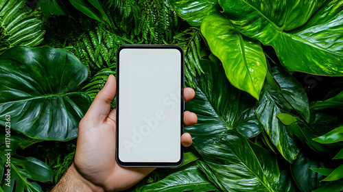 Mockup image of mobile phone for advertising. Mock up image of man hand holding and using smartphone with blank screen for mobile app design or text advertisement photo