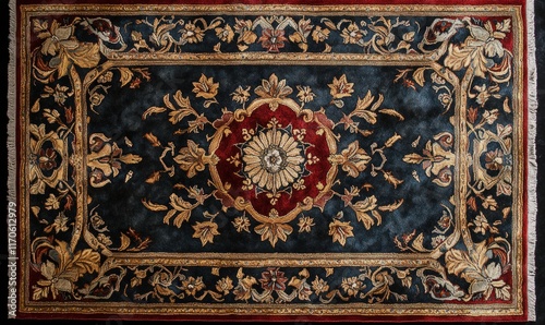Ornate rug, dark blue, floral pattern.