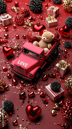 Teddy Bear in Toy Truck with Valentine's Day Decorations