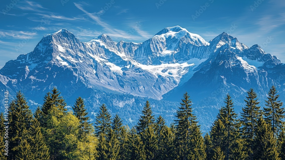 Fototapeta premium A stunning mountain landscape featuring snow-capped peaks and lush green forests under a bright blue sky.