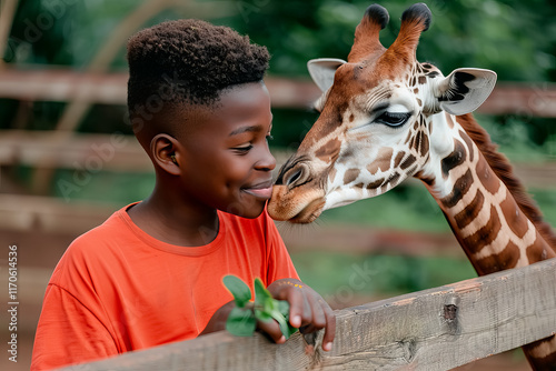 A young boy is petting a giraffe at a zoo