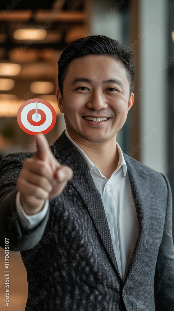 Business vertical background. Executive mature Asian businessman shows new year company goal with thumb. Company sales and company growth target. Employee's career target, skill development targets. Business vertical background. Executive mature Asian businessman shows new year company goal with thumb. Company sales and company growth target. Employee's career target, skill development targets.