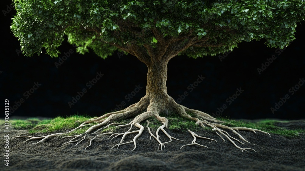 Obraz premium 120.A beautifully rendered tree with an intricate root system, showing the full depth and spread of its roots below the surface. The treeâ€™s dense canopy and detailed bark texture add richness,
