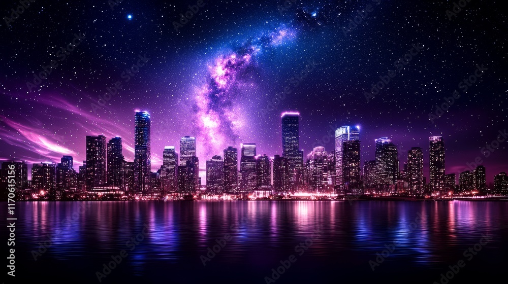 Fototapeta premium A city skyline at night with blurred lights, twinkling softly into the sky, blending the glow of buildings with the stars above. Night cityscape, blended lights, soft focus