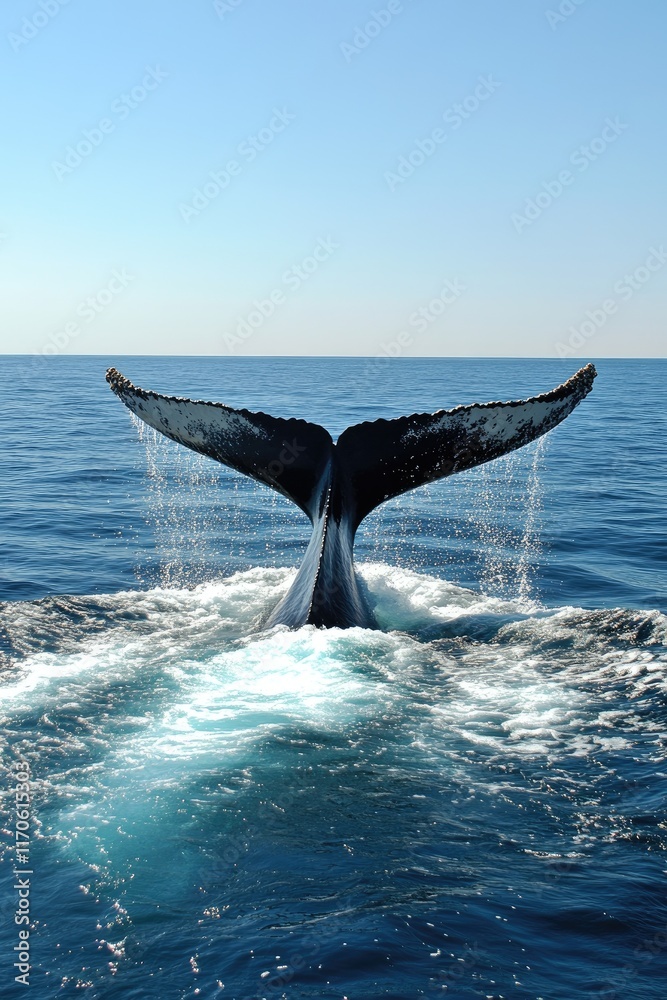 Fototapeta premium A whale's tail emerging from the ocean, surrounded by clear blue water.