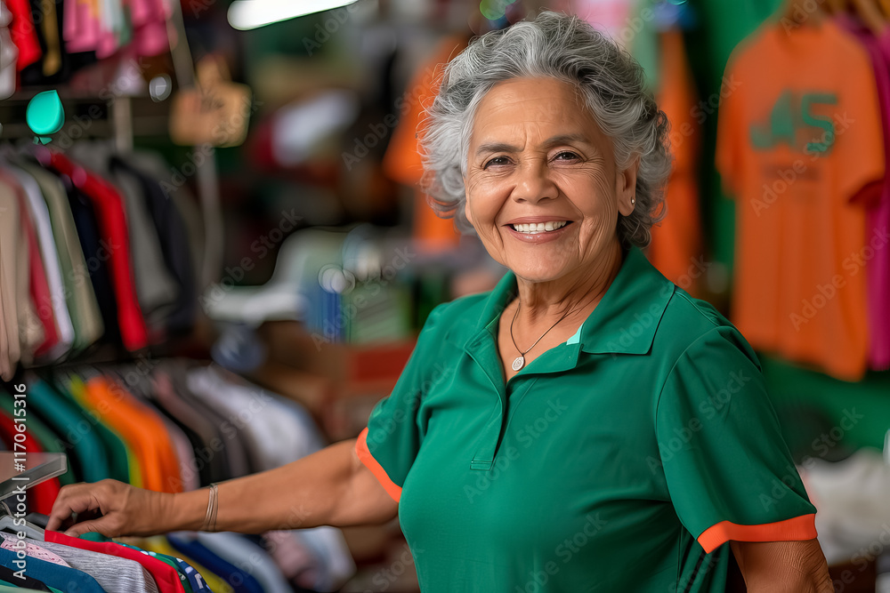 Obraz premium A woman in a green polo shirt stands in front of a rack of clothes