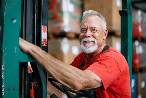 A man in a red shirt is smiling and leaning on a forklift