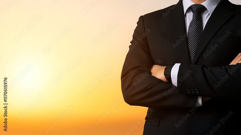 Confident Businessman in Suit Against Sunset Background