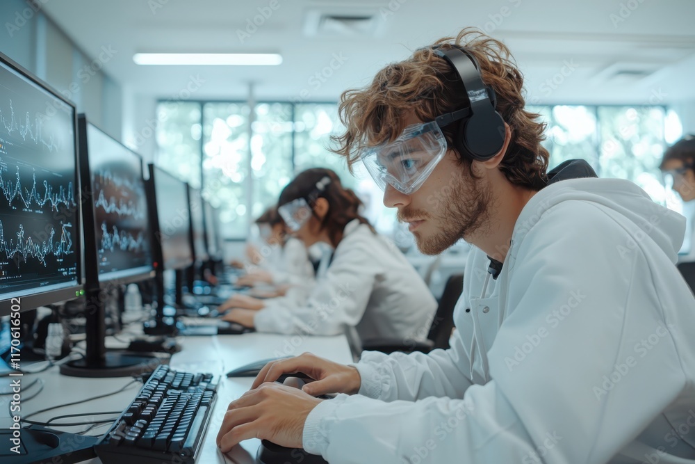 Interactive vr experience for gene editing in genetics class university lab educational content high-tech environment close-up viewpoint exploring crispr technology Interactive vr experience for gene editing in genetics class university lab educational content high-tech environment close-up viewpoint exploring crispr technology