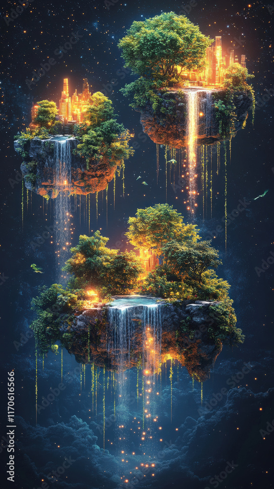 Naklejka premium A series of floating isometric islands representing ecosystems: one with lush forests, another with cascading waterfalls, and a third with glowing urban lights
