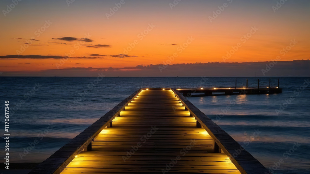 Obraz premium a wooden dock with lights on it 